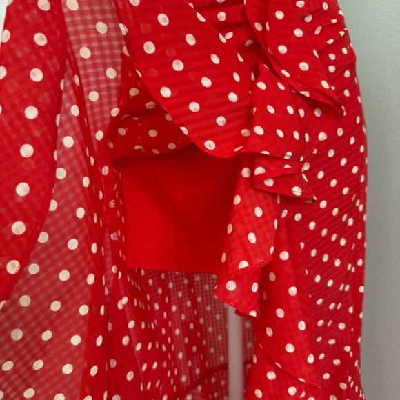 Finders Keepers Red with White Polka Dot Midi Ruffle Skirt Women's Size 6 Medium - Picture 5 of 11